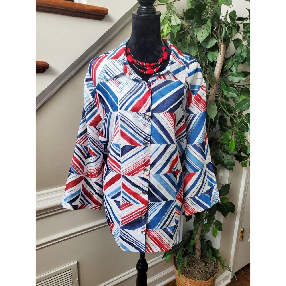 Alfred Dunner Women Multicolor Rayon Collared Long Sleeve Buttons Down Shirt 24W